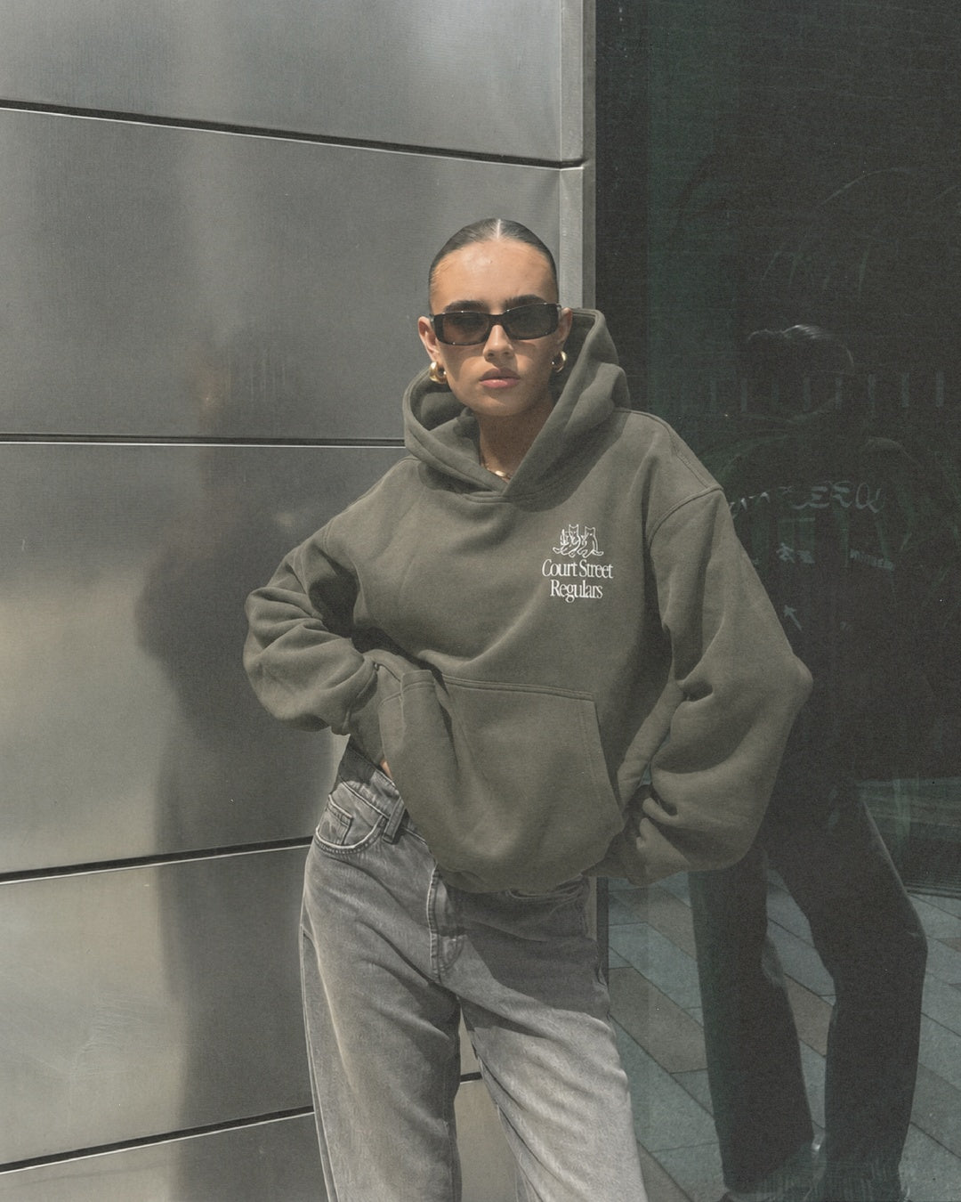 Court Street Regulars Charcoal Hoodie — worn, front