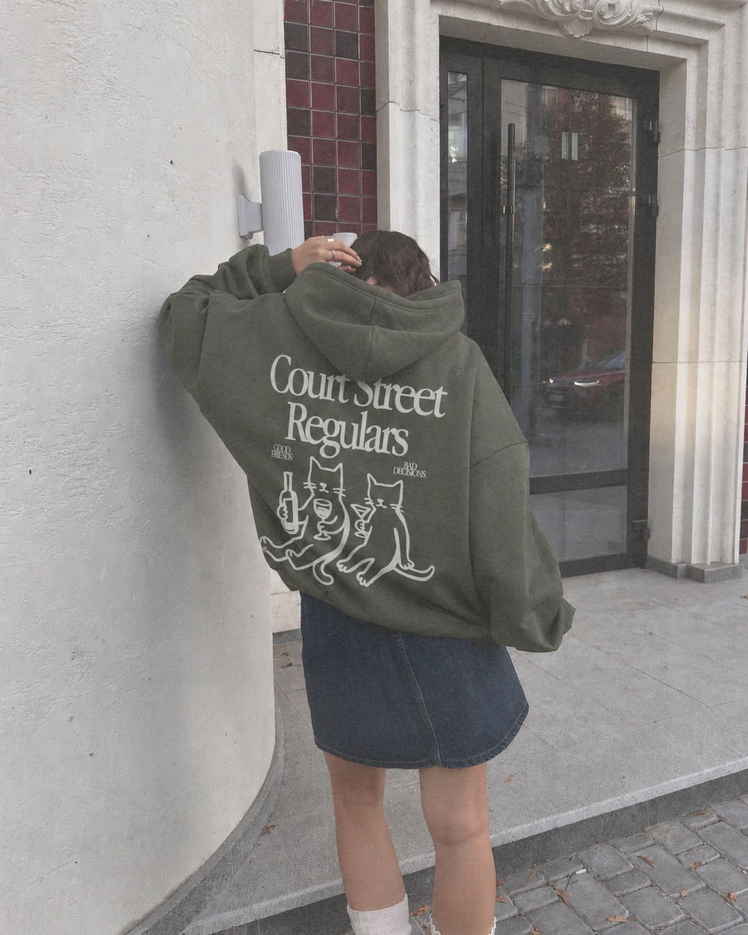 Court Street Regulars Charcoal Hoodie — worn, back detail