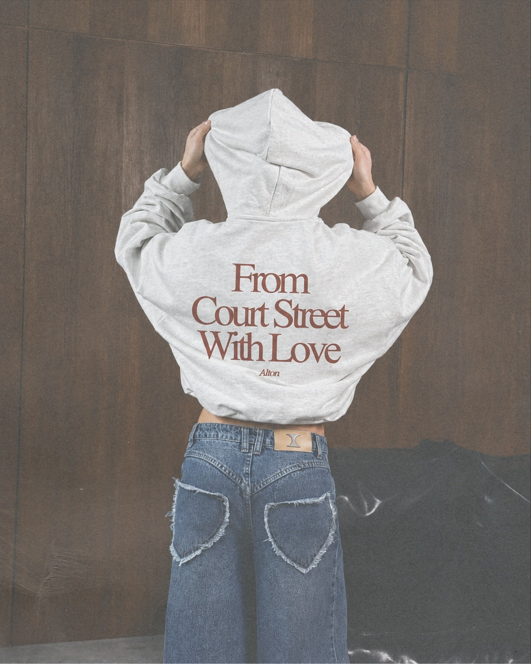 FCS With Love gray hoodie hood up