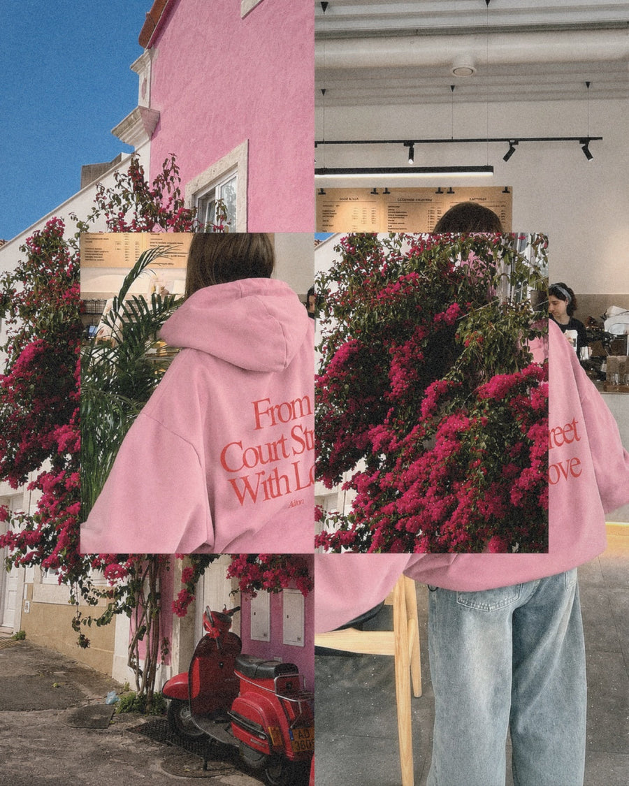 Love Letter From Athens pink hoodie worn abroad