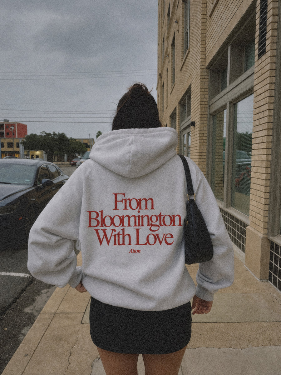 From Bloomington With Love hoodie in Light Gray, worn, back view