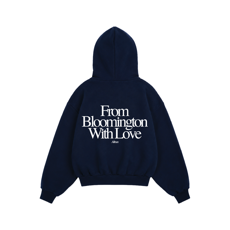 Bloomington Love Letter hoodie in Navy blue, back