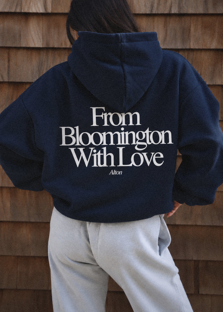 From Bloomington With Love hoodie in Navy blue, worn, back view