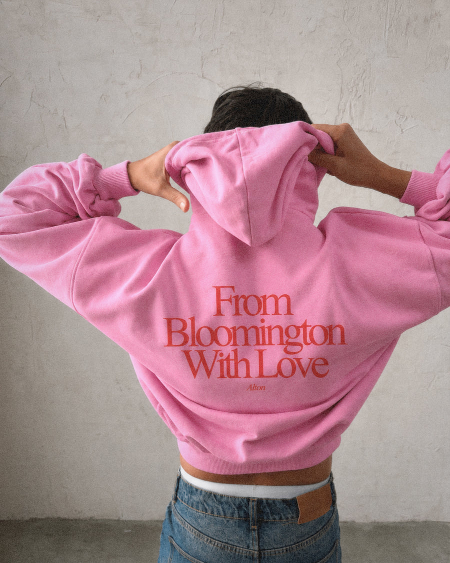 From Bloomington With Love hoodie in Pink, worn, back view