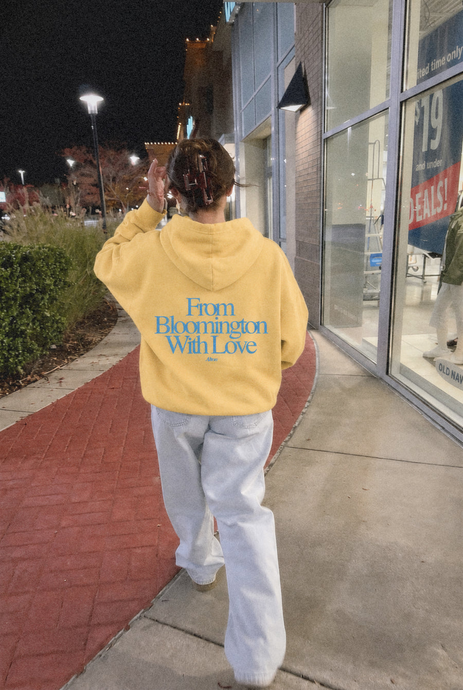 From Bloomington With Love hoodie in Yellow, worn, back view