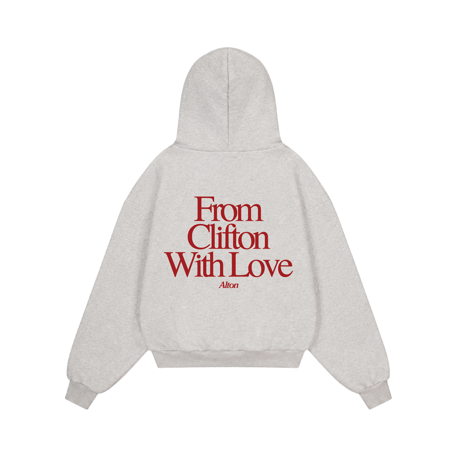 Love Letter From Clifton hoodie in light gray, back print reading From Clifton With Love