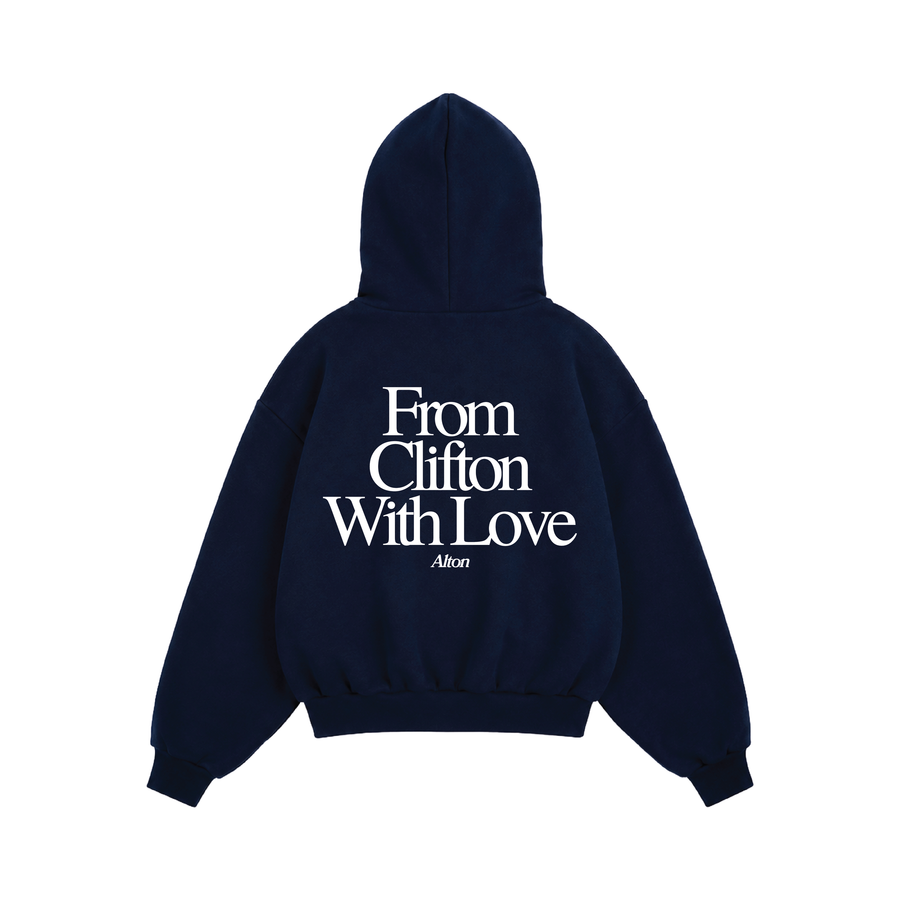 Love Letter From Clifton hoodie in navy, back print reading From Clifton With Love