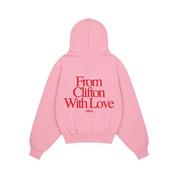 Love Letter From Clifton hoodie in pink, back print reading From Clifton With Love