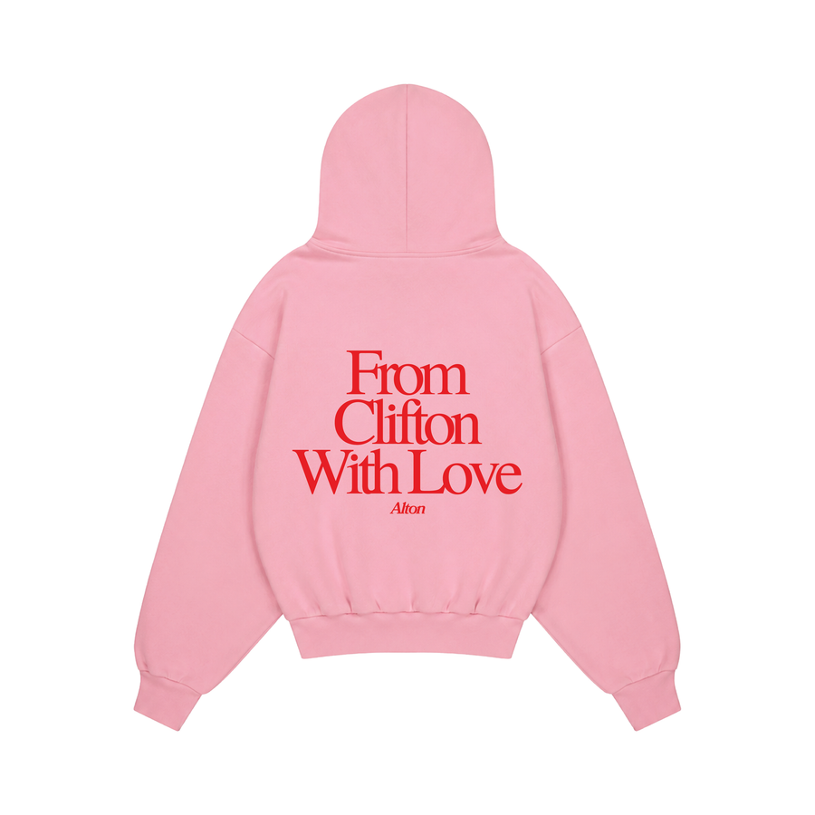 Love Letter From Clifton hoodie in pink, back print reading From Clifton With Love