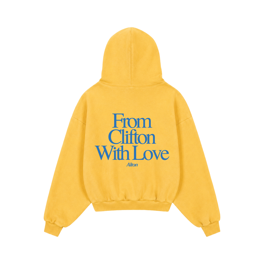 Love Letter From Clifton hoodie in yellow, back print reading From Clifton With Love