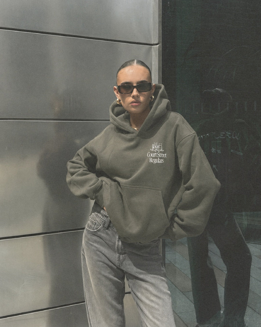 Court Street Regulars Charcoal Hoodie — worn, front