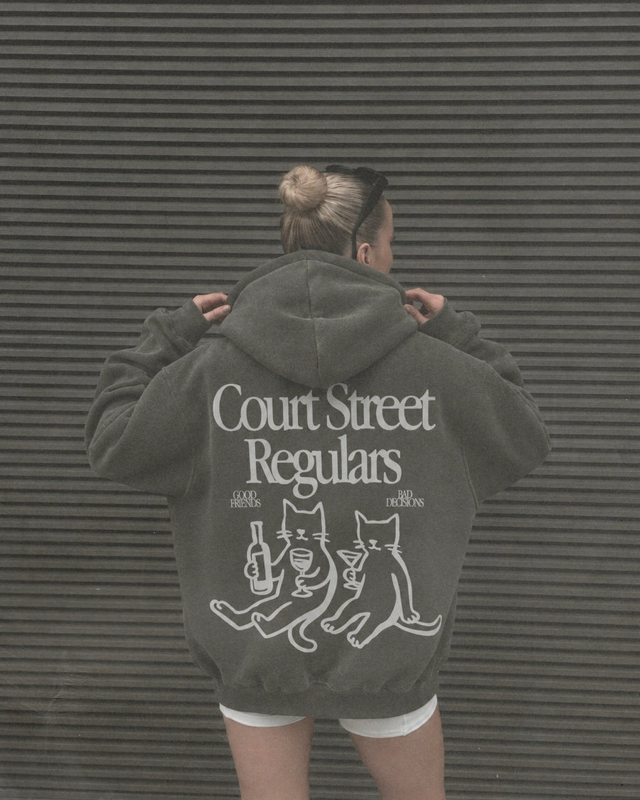 Court Street Regulars Charcoal Hoodie — worn, back