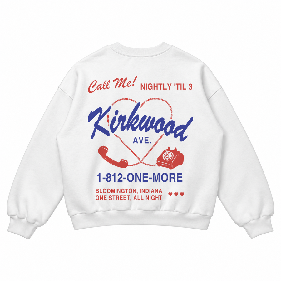 Kirkwood Ave hotline print on the back of a white crewneck sweatshirt