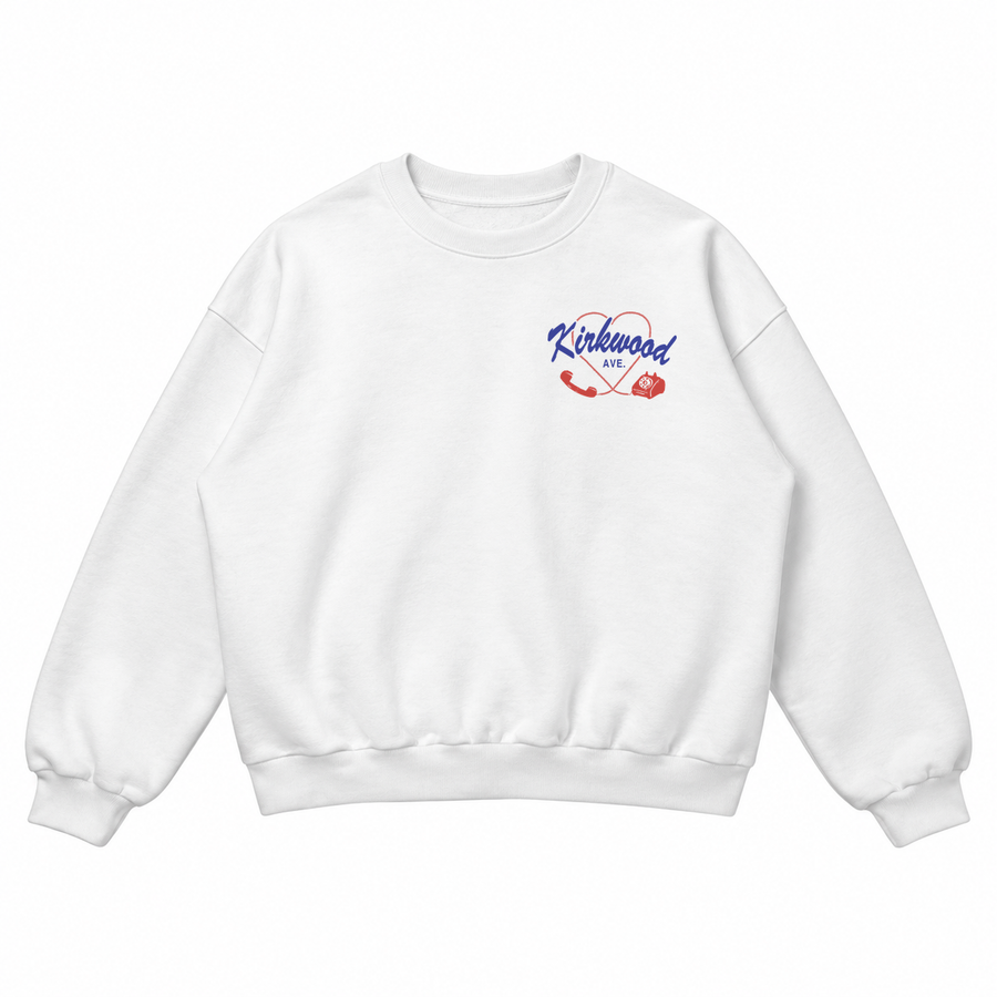 Kirkwood Ave left chest print on a white crewneck sweatshirt