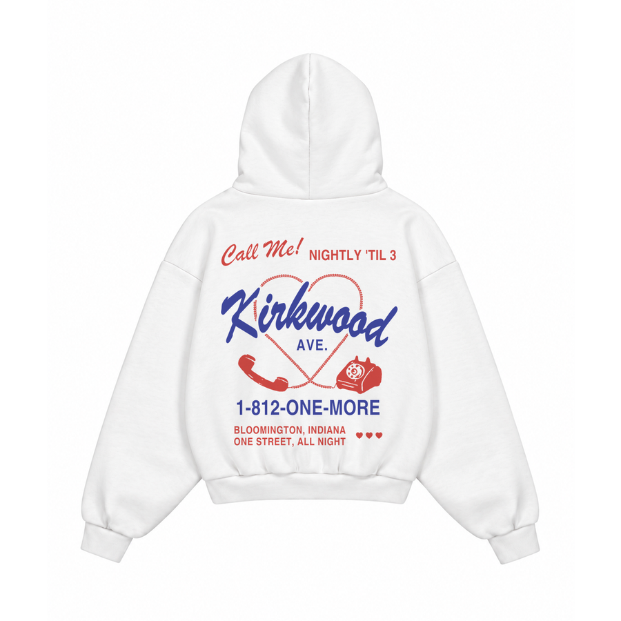 Kirkwood Ave hotline print on the back of a white heavyweight hoodie