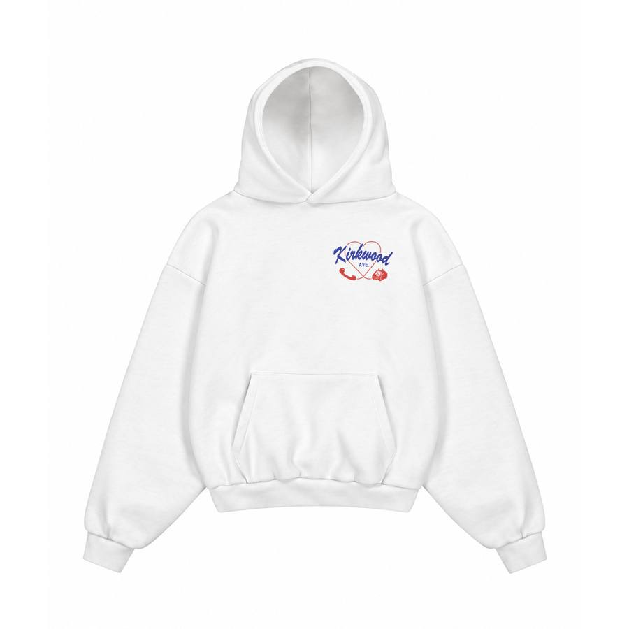 Kirkwood Ave left chest print on a white heavyweight hoodie