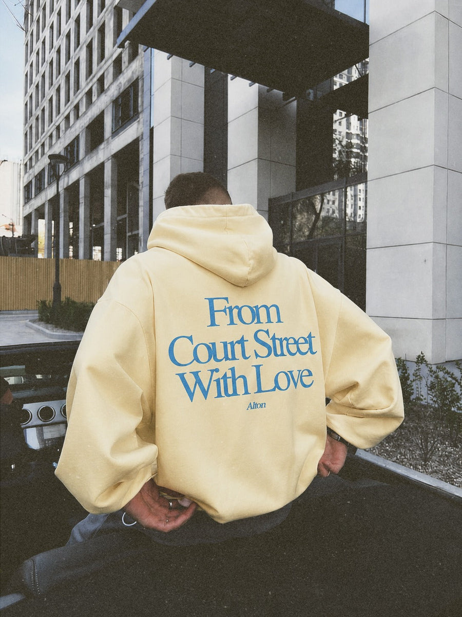 From Court Street With Love yellow hoodie — back print