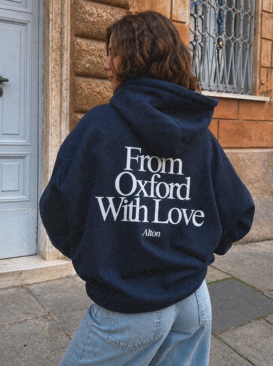 From Oxford With Love navy hoodie — back print
