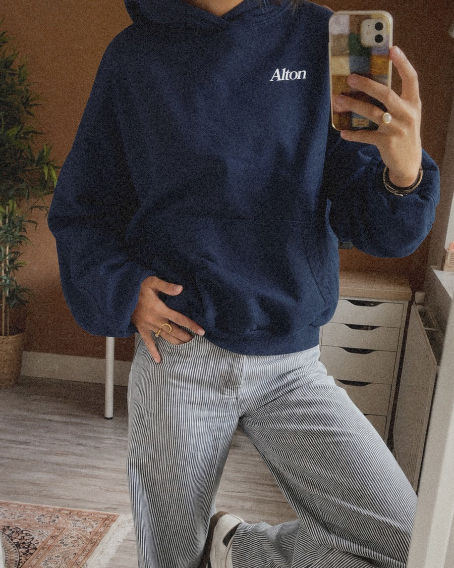 From Oxford With Love navy hoodie — front