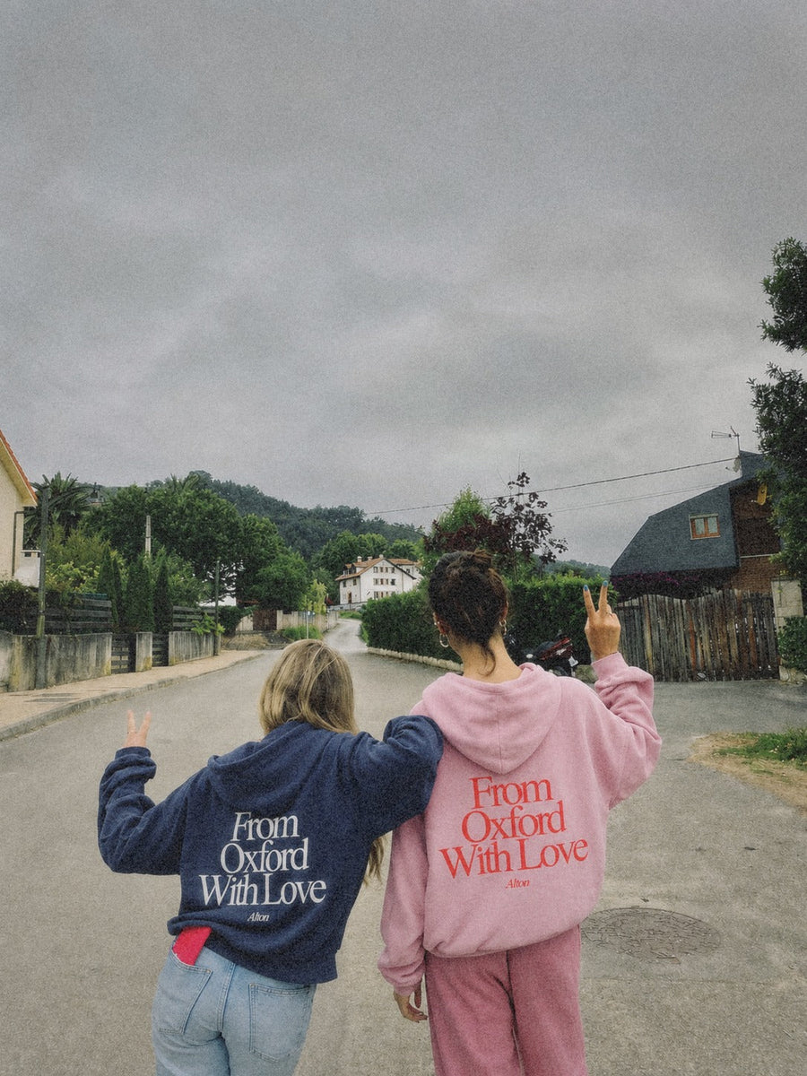 From Oxford With Love pink hoodie — back print